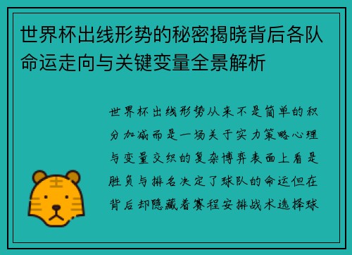 世界杯出线形势的秘密揭晓背后各队命运走向与关键变量全景解析